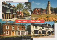 Load image into Gallery viewer, Collage of images from Urmston featuring buildings and a clock tower.