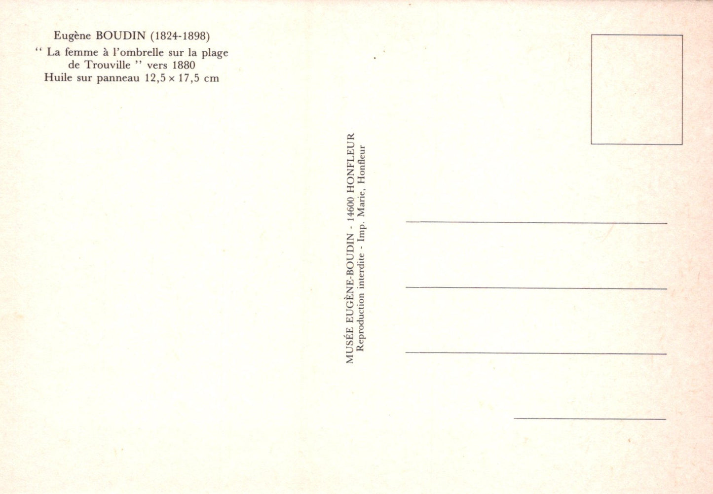 Back of a postcard with text and a small rectangular area for a picture, on a beige background.