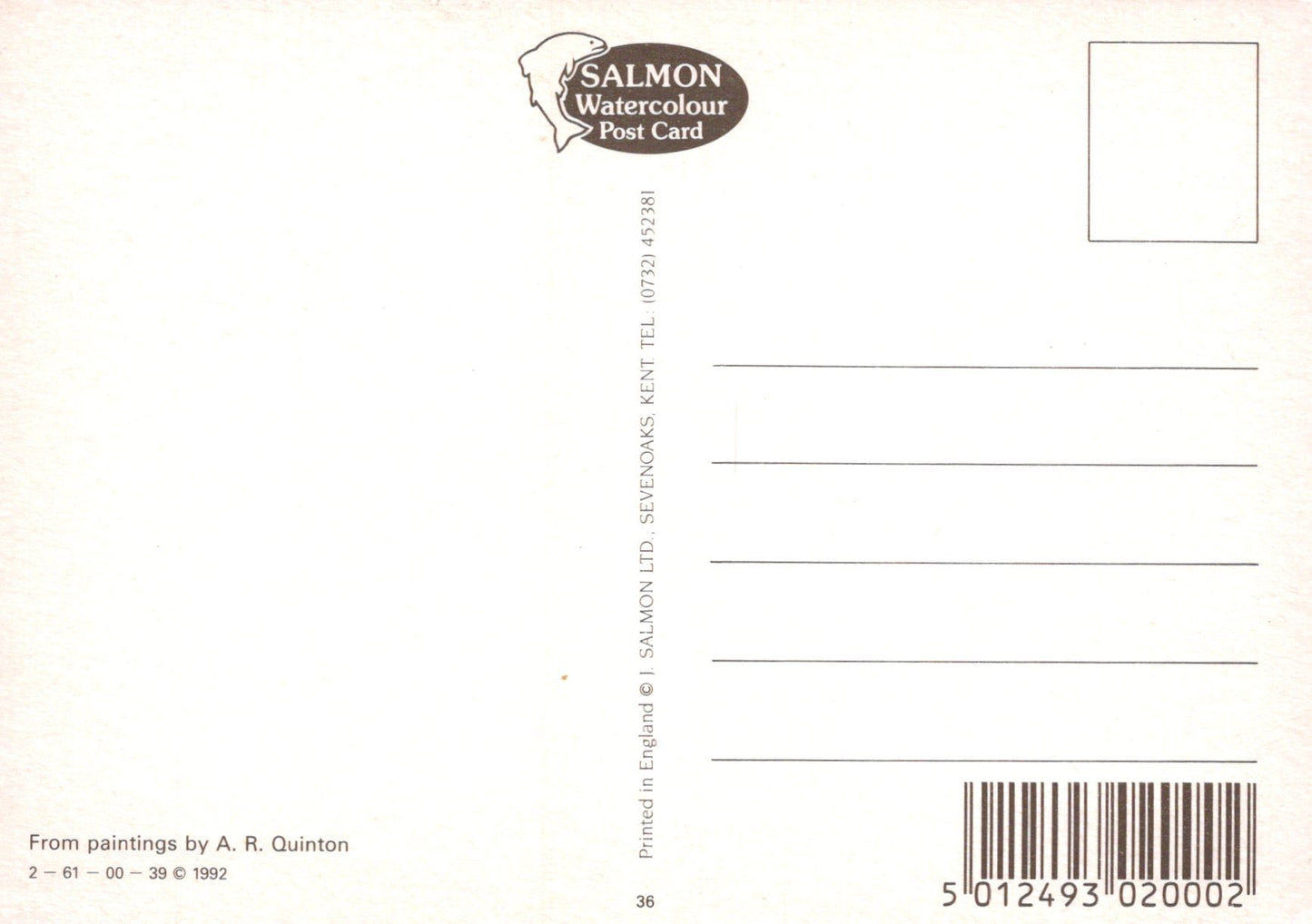 Back of a postcard with salmon watercolor design and text