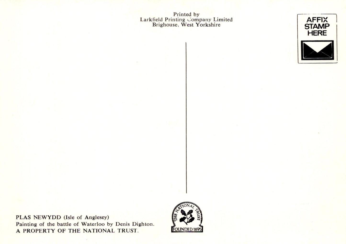 Back of a postal envelope with Larkfield Printing Company Limited branding and National Trust logo.