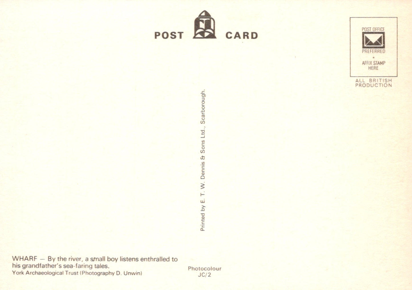 Vintage-style postcard with text and a small stamp on a beige background