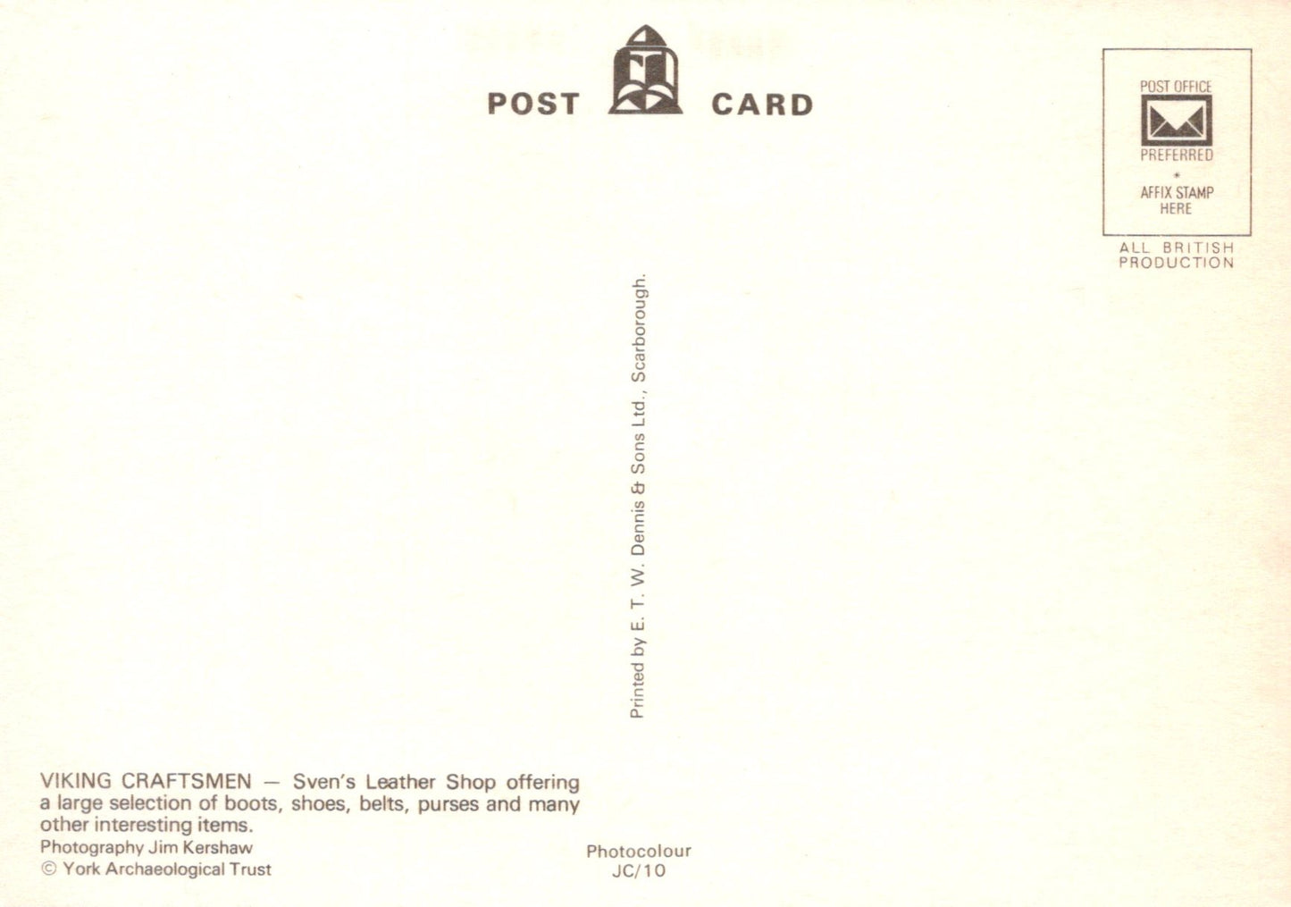 Back of a postcard with text and a logo on a beige background