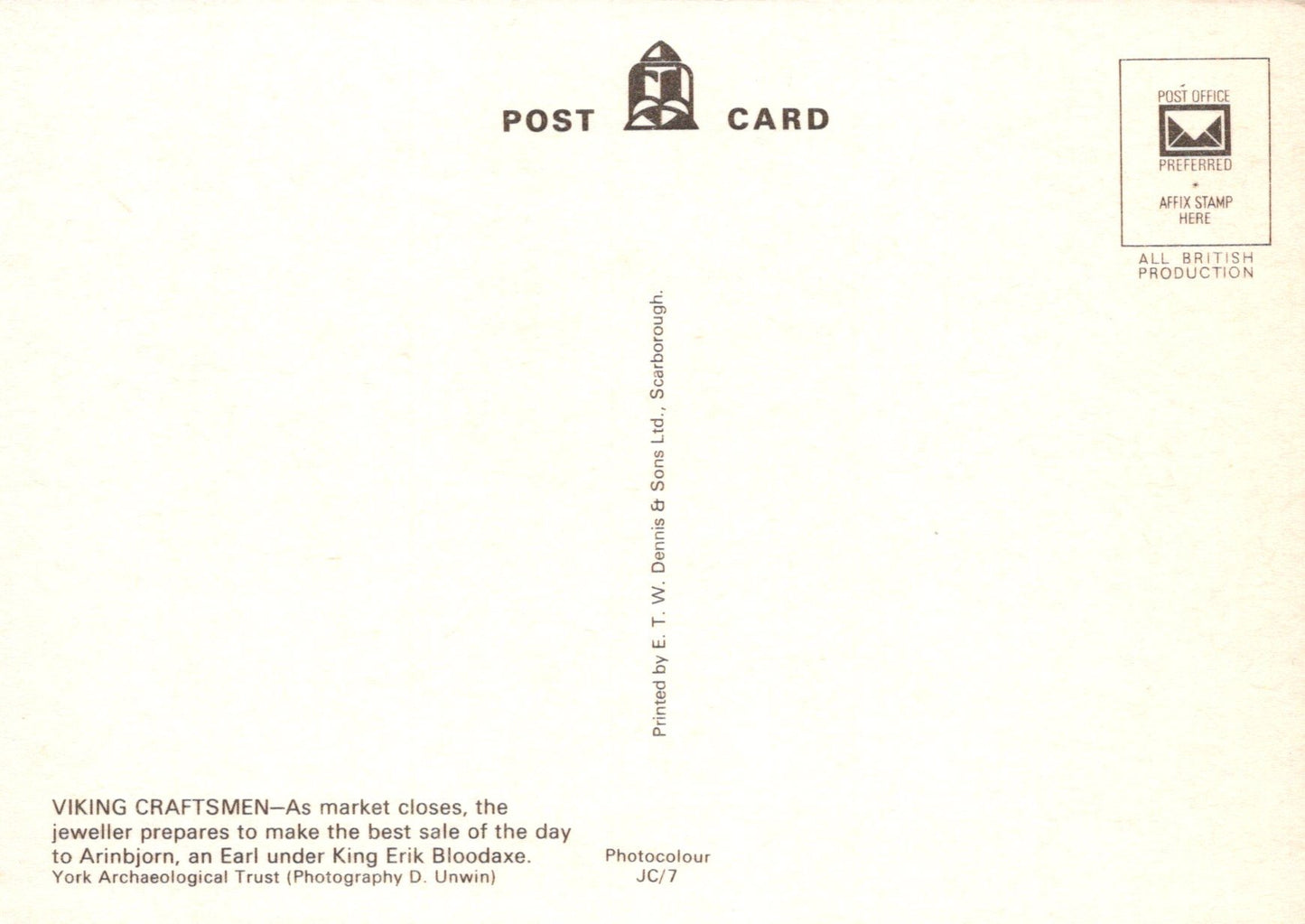 Back of a postcard with text and branding