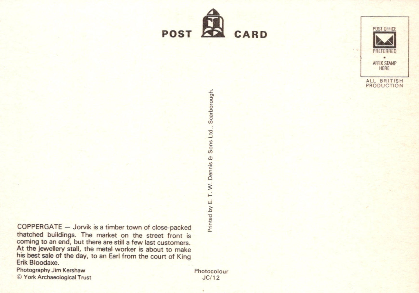 Back of a postcard with text and a logo on a white background