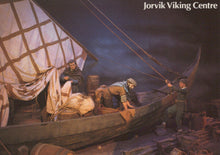 Load image into Gallery viewer, Viking ship with crew members on a dark sky background, Jorvik Viking Centre branding.