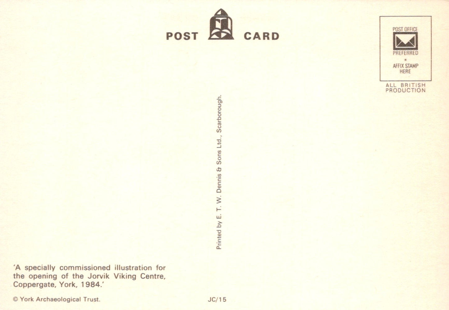 Back of a postcard with text and a logo, featuring 'Post Card' and 'York Archaeological Trust'.