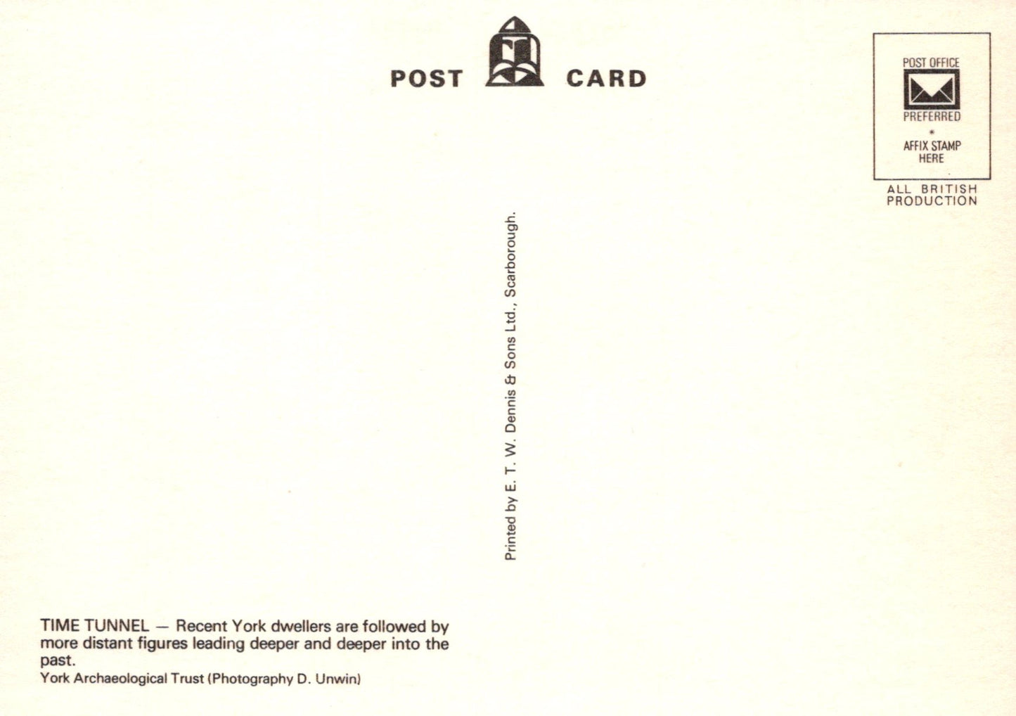 Back of a postcard with text and a logo on a beige background