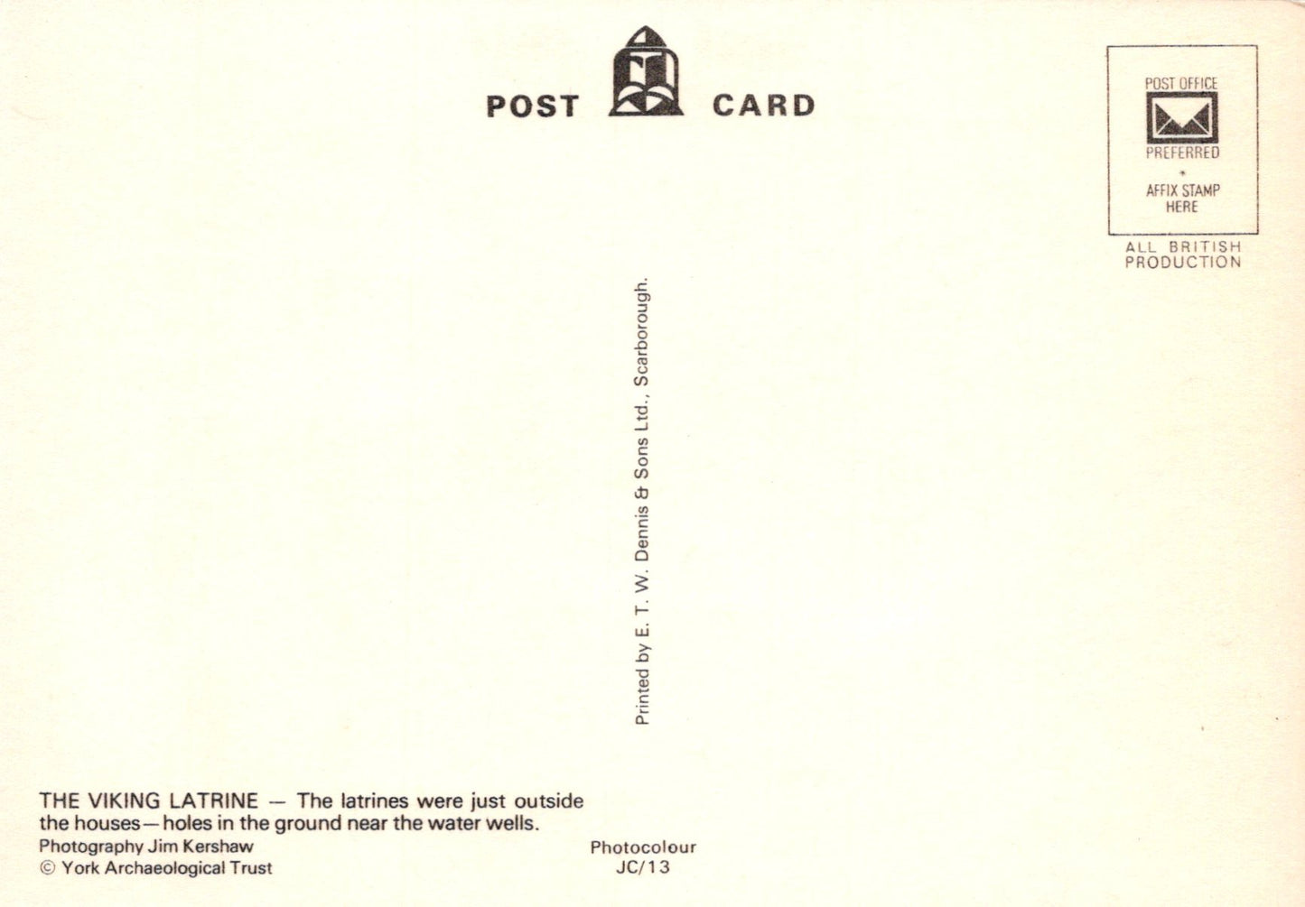 Back of a postcard with text and a logo, featuring a light beige background.