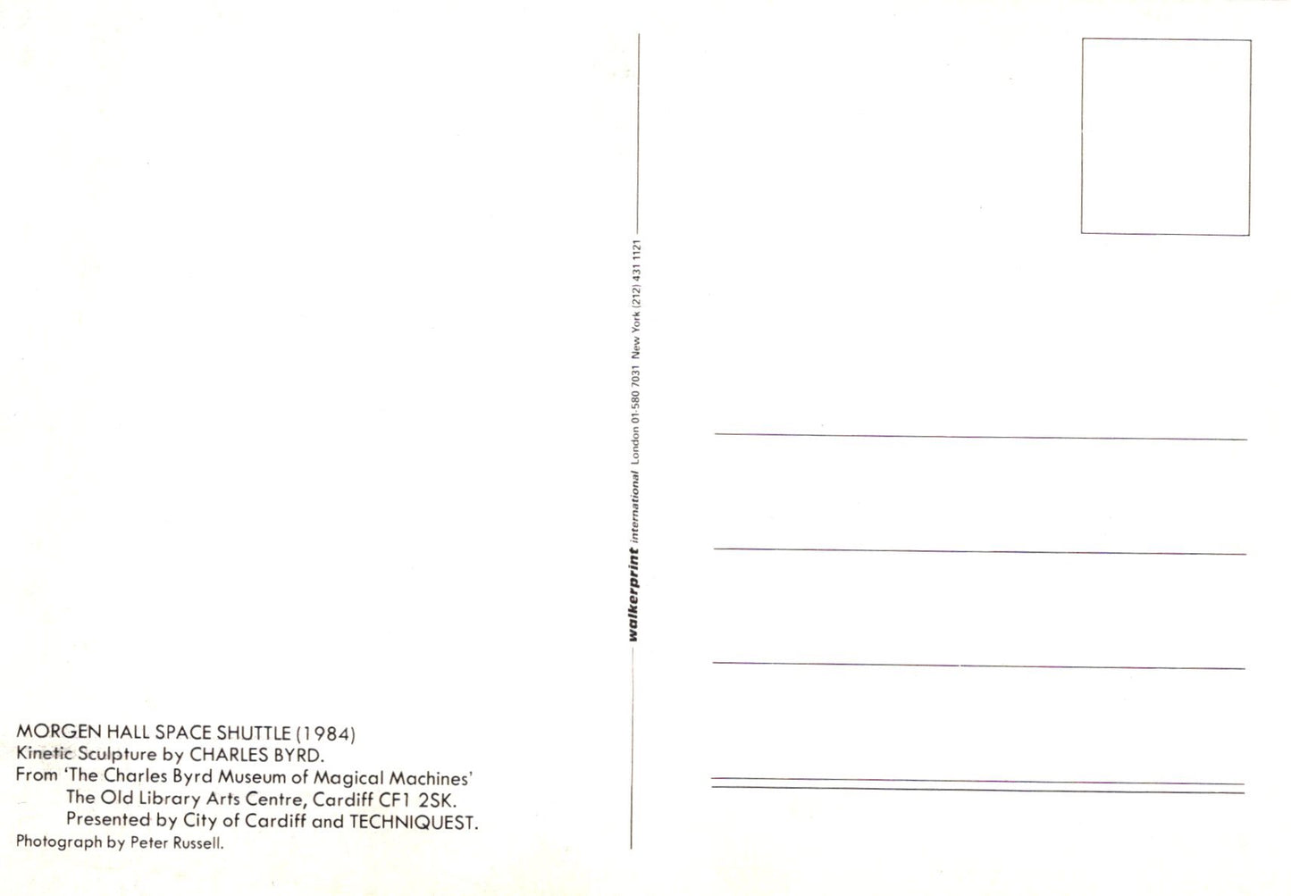 Back of a postcard with text and a small square image on a white background
