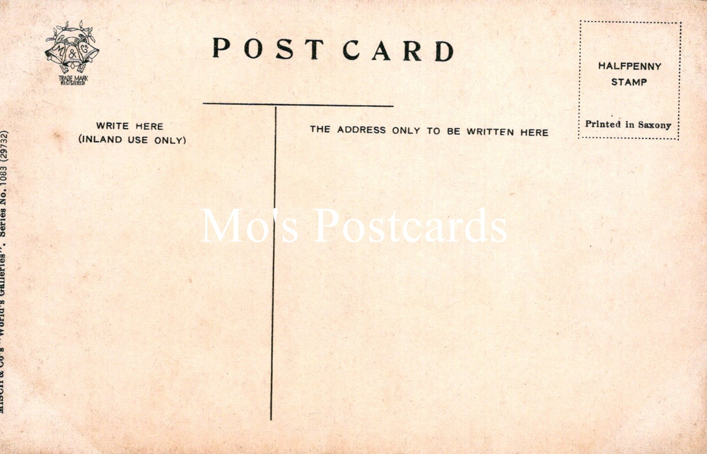 Back of a vintage postcard with text and a stamp impression