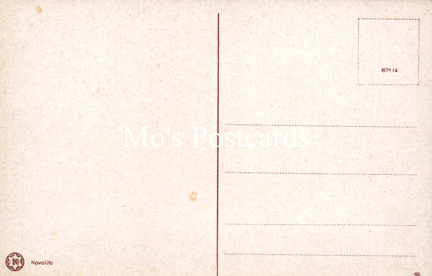 Back of a vintage postcard with text and a logo.