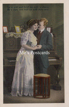 Load image into Gallery viewer, Vintage-style postcard with a couple in front of a piano, featuring text and 'Mo's Postcards' branding.