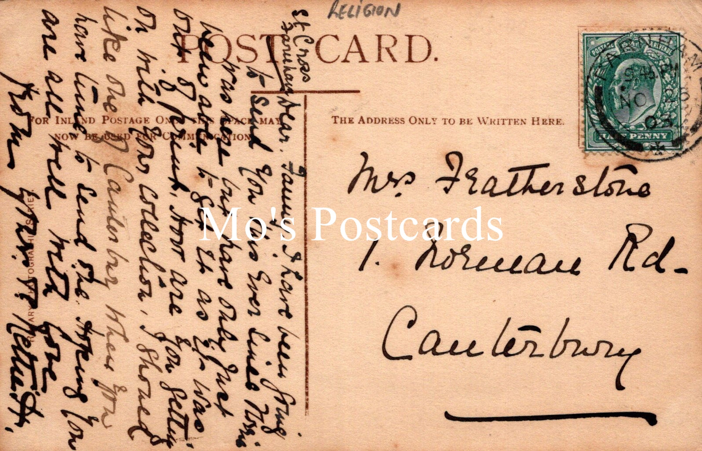 Vintage postcard with handwritten text and a stamp, featuring the brand 'Mrs. Postcards'.