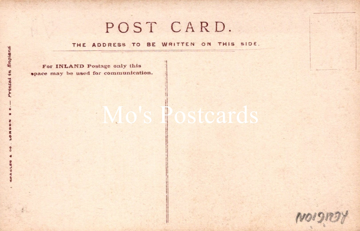 Vintage postcard back with text and Mo's Postcards branding