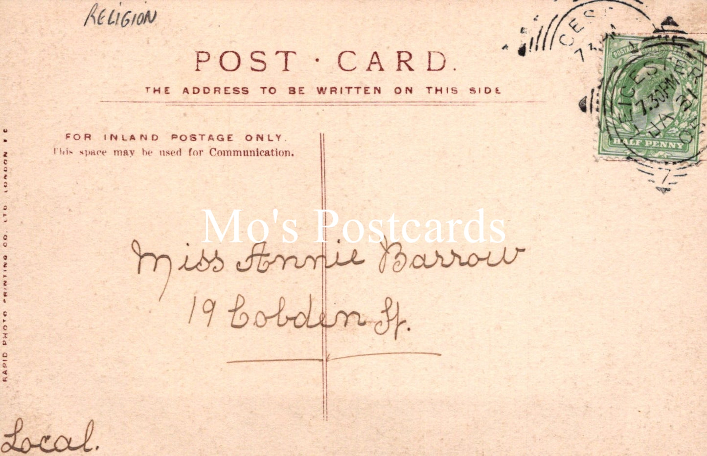 Vintage postcard with text and a stamp, featuring the brand 'Mo's Postcards'.