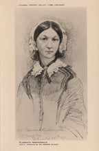 Load image into Gallery viewer, Black and white portrait of a woman with a decorative headband, likely Florence Nightingale, from a pencil drawing by George Schant.