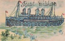 Load image into Gallery viewer, Vintage-style ship illustration with 'Best Wishes' text on a decorative card.