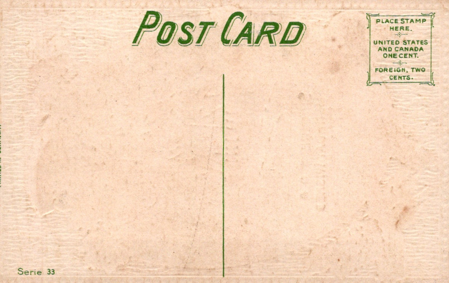 Back of a vintage postcard with text and placeholder for stamps.