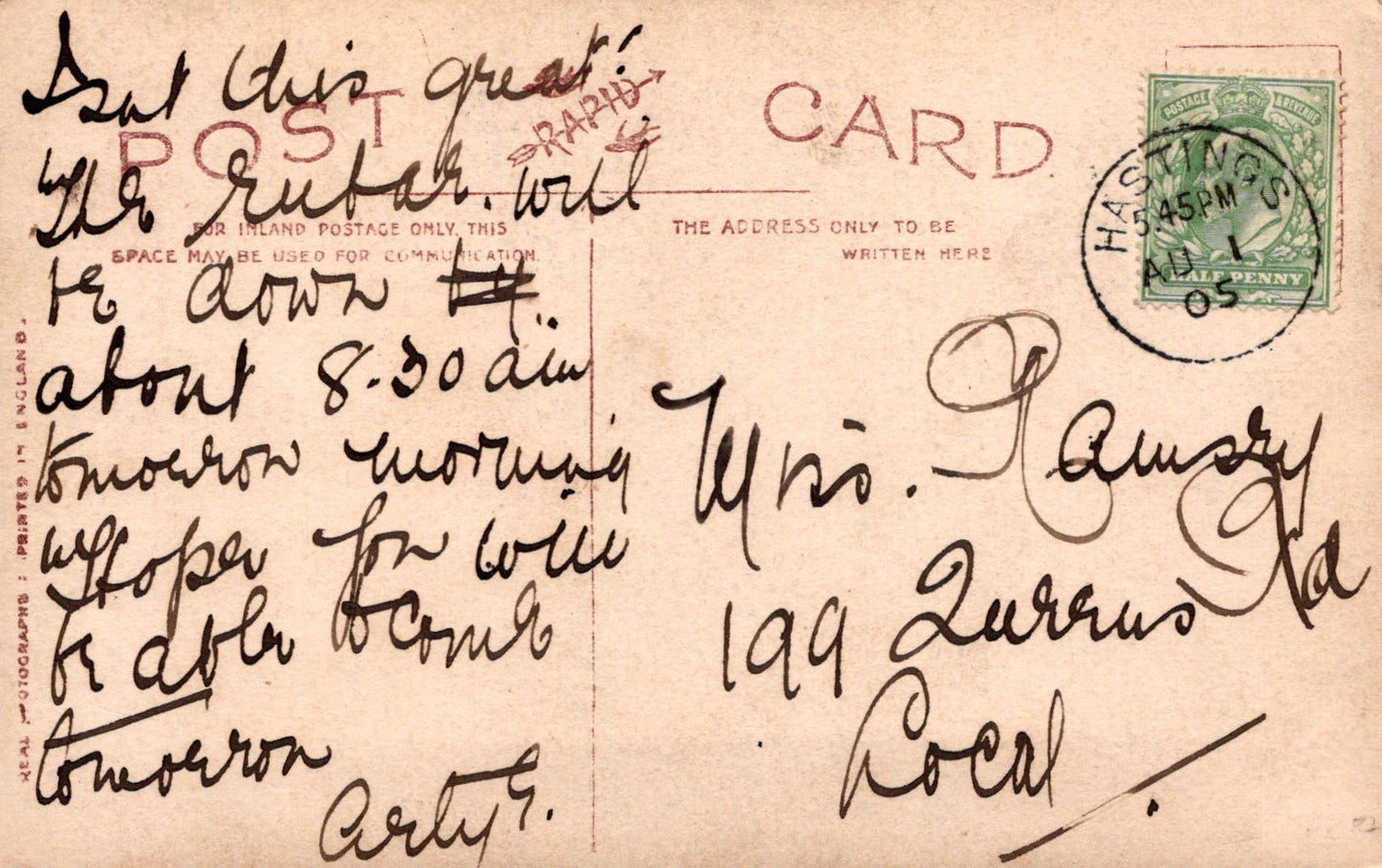 Vintage postcard with handwritten text and a stamp, featuring a brown background.
