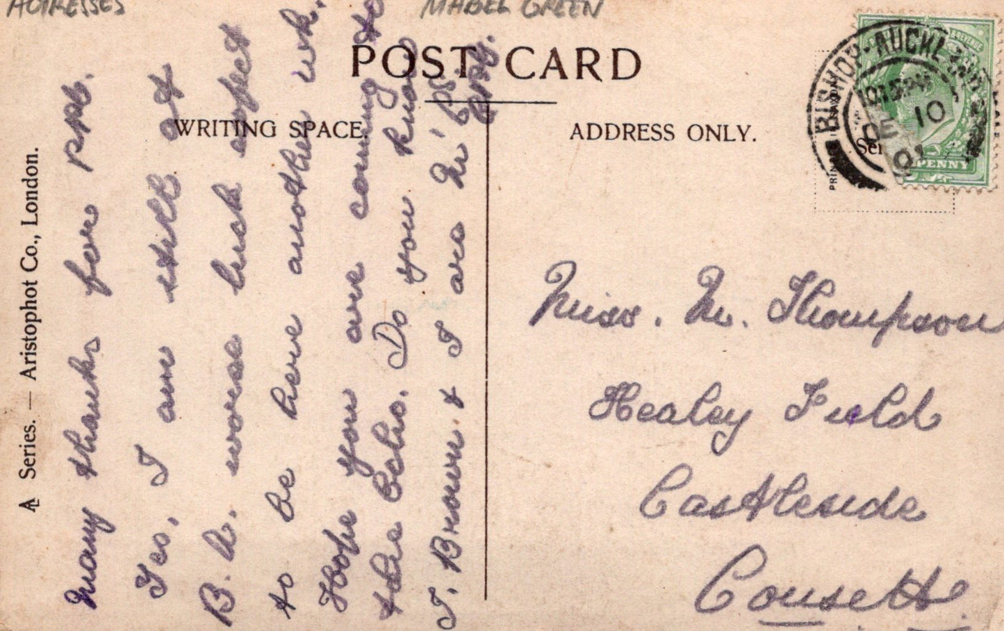 Vintage postcard with handwritten text and a stamp, featuring Aristoport Co. branding.