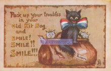 Load image into Gallery viewer, Vintage-style postcard with a black cat and kittens, featuring text and a decorative border.