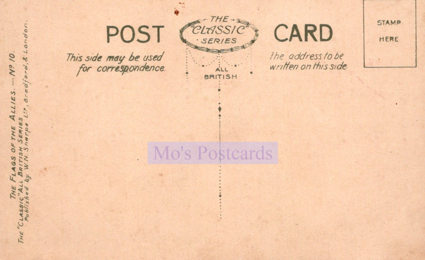 Back of a vintage postcard with 'Mo's Postcards' branding