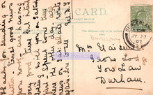 Load image into Gallery viewer, Vintage postcard with handwritten text, stamps, and a visible brand logo.