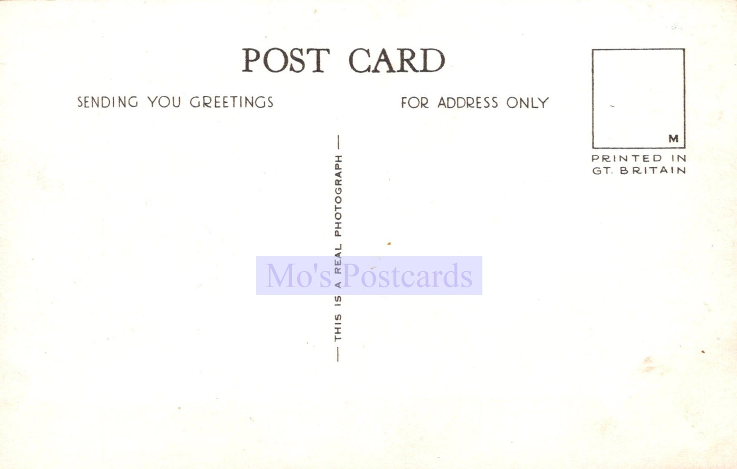 Back of a postcard with text and branding