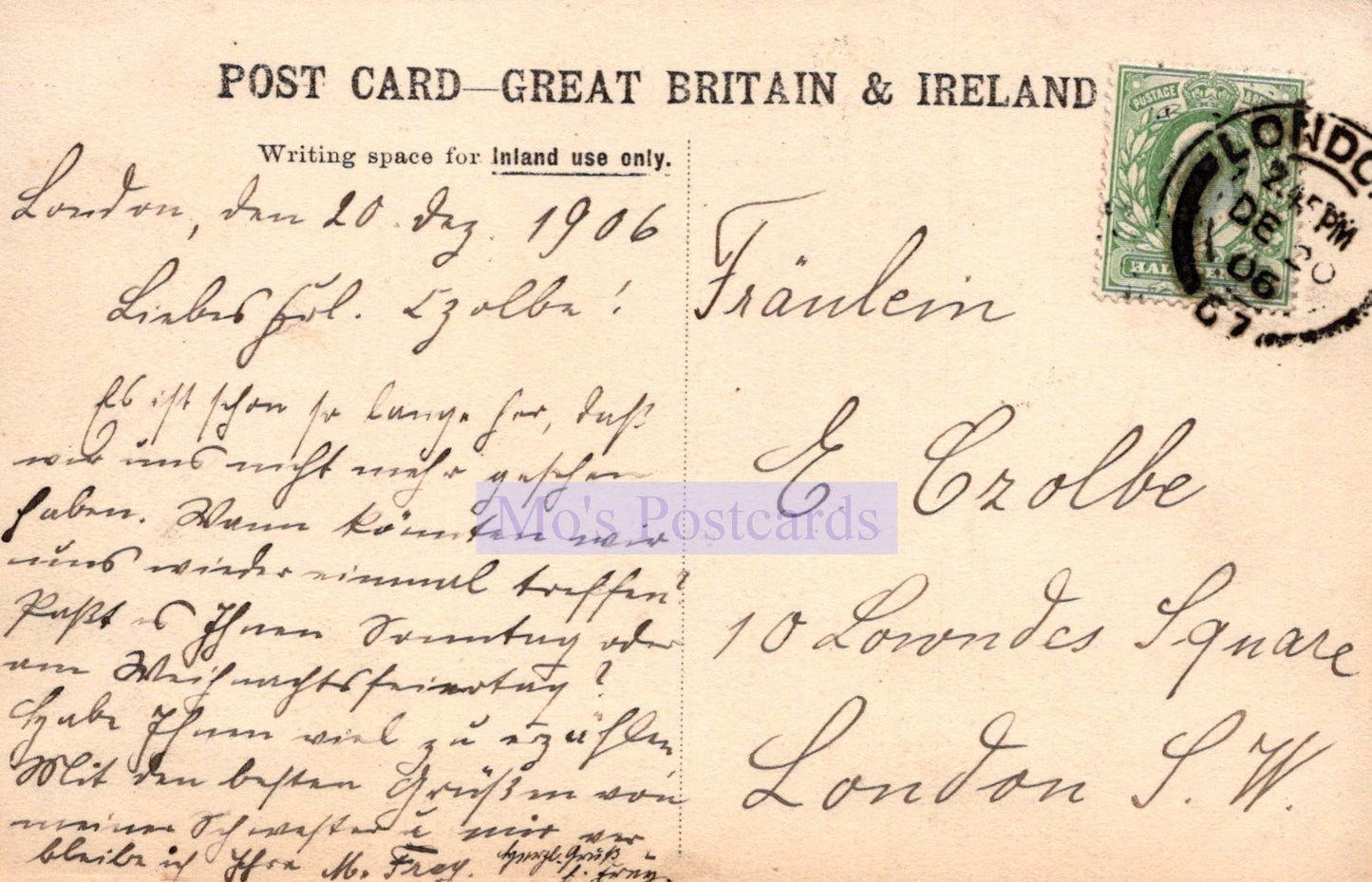 Vintage postcard from Great Britain & Ireland with handwritten text and postage stamp.
