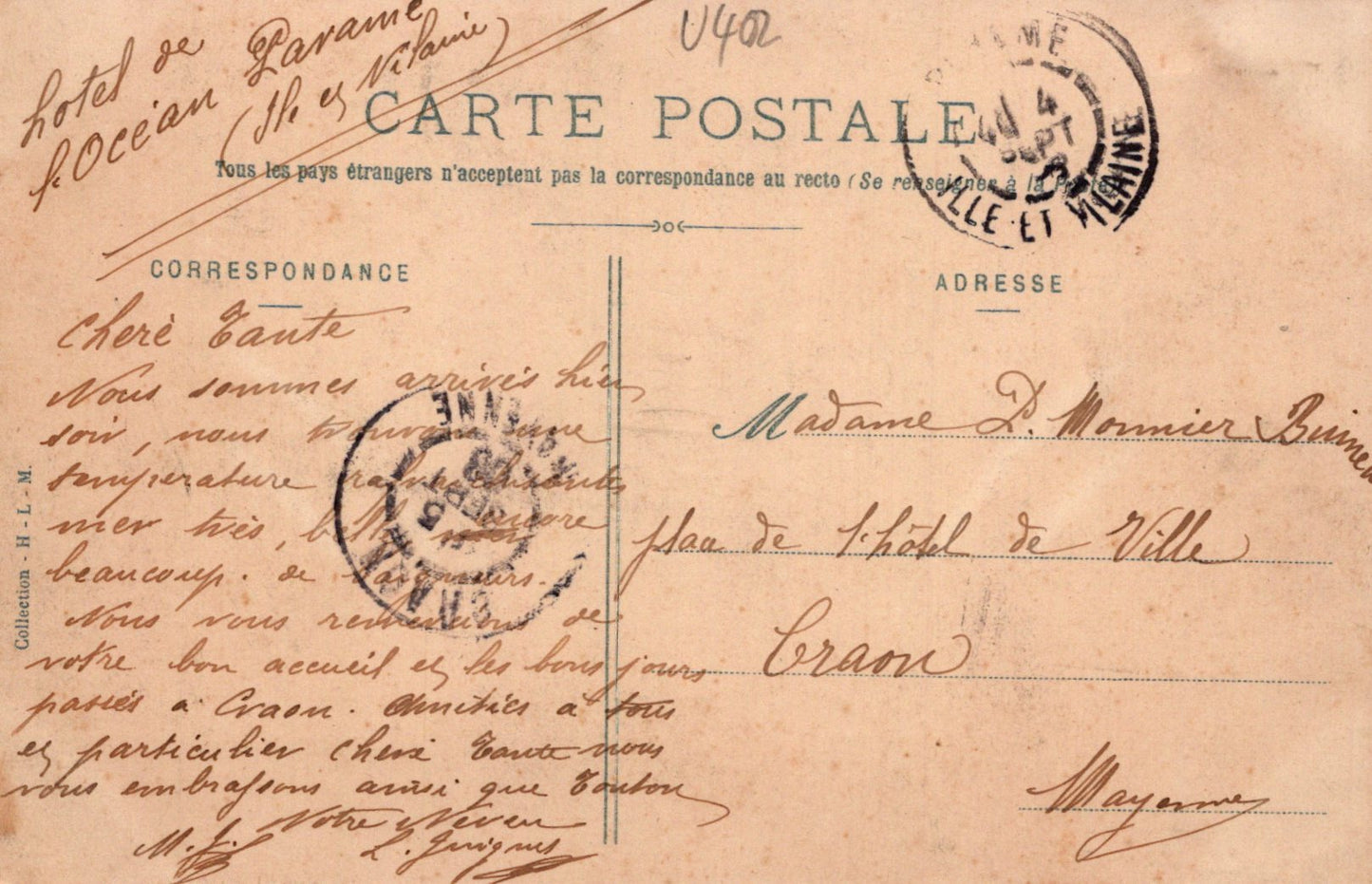 Vintage French postcard with stamps and handwritten text