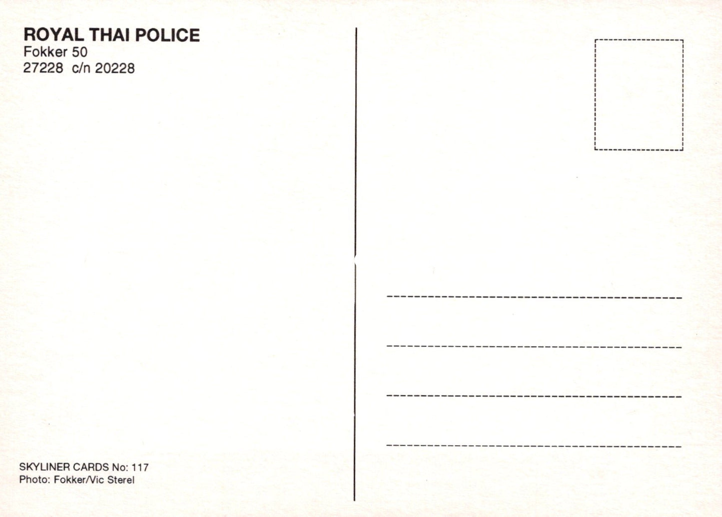 Civil Aviation Postcard - Royal Thai Police Fokker 50 Aeroplane SW19011