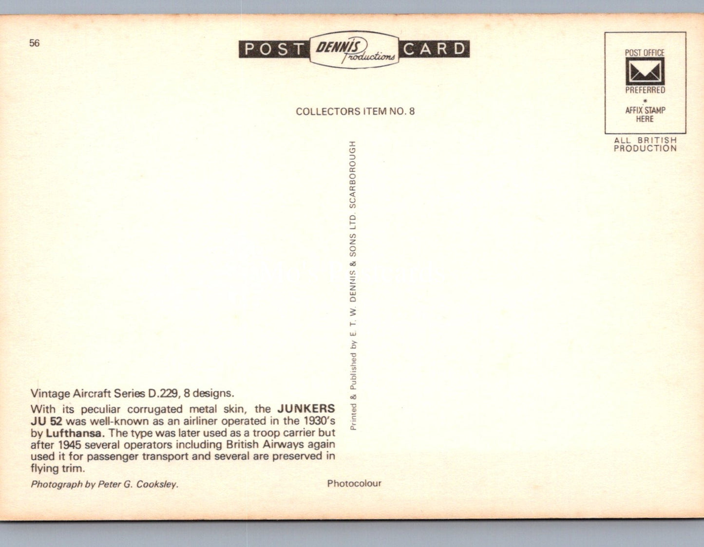 Civil Aviation Postcard - Lufthansa Junkers JU52 Aeroplane SW19106
