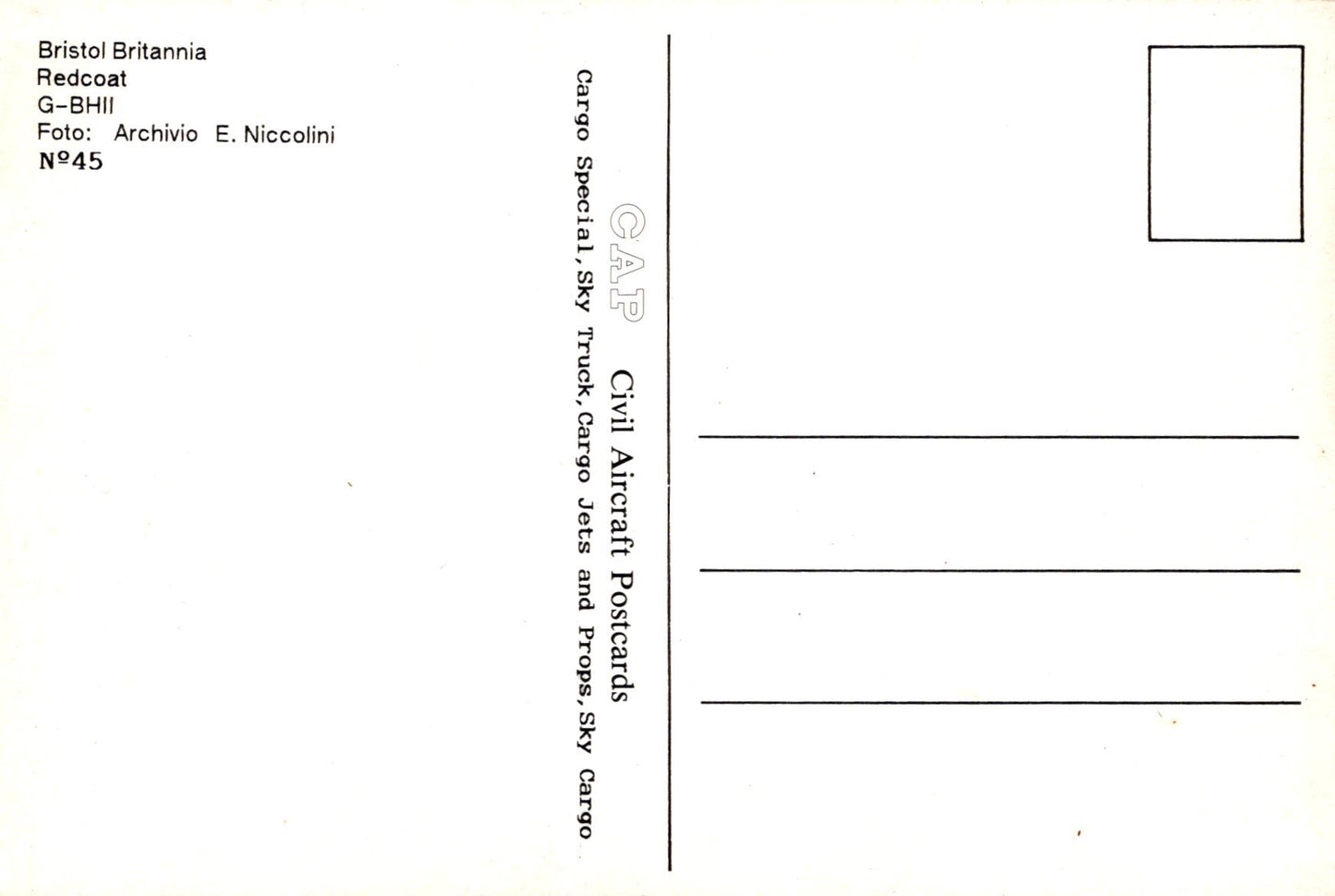 Back of a postcard with text and a small square area for a photo.