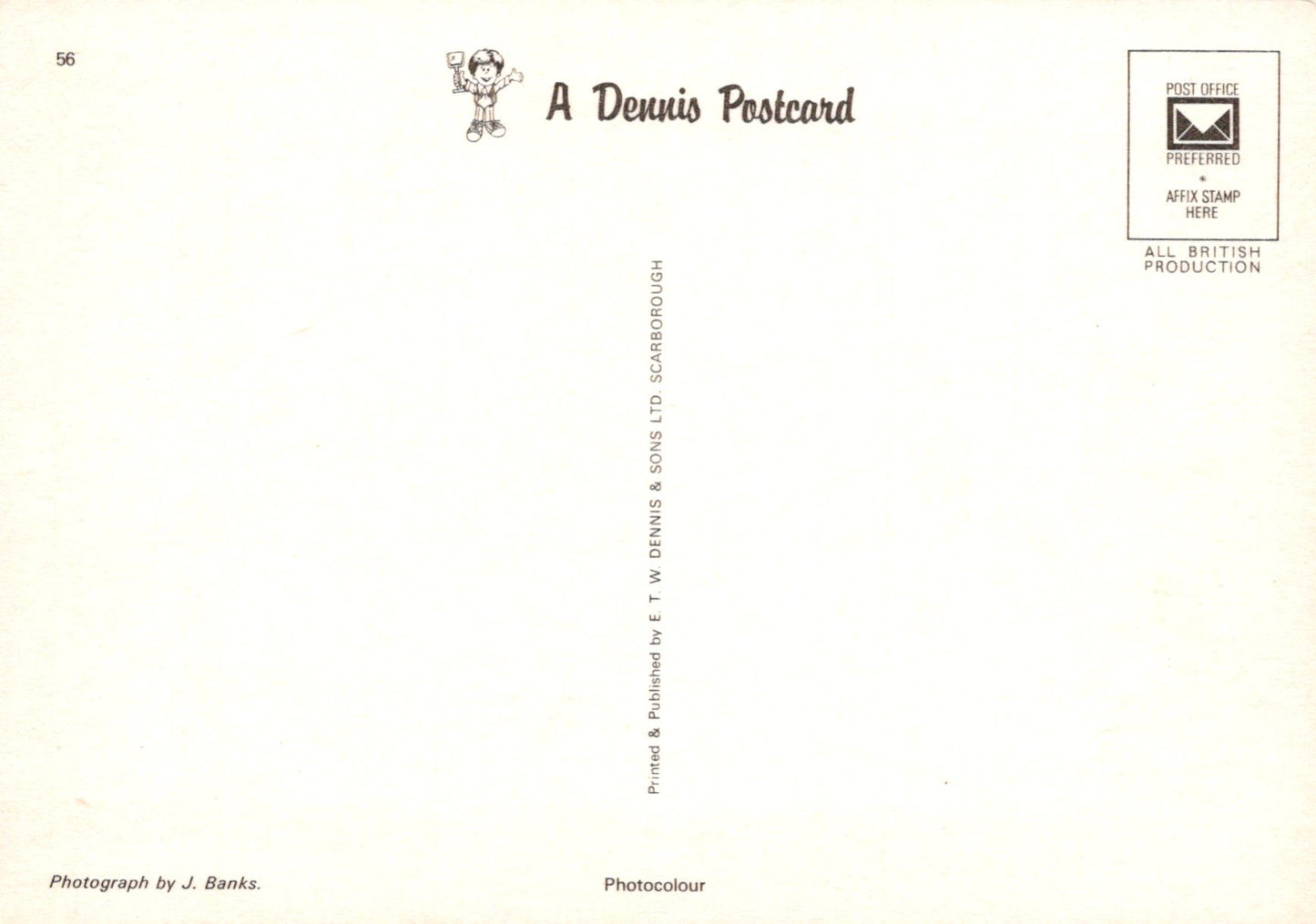 Back of a Dennis the Menace postcard with branding and text.