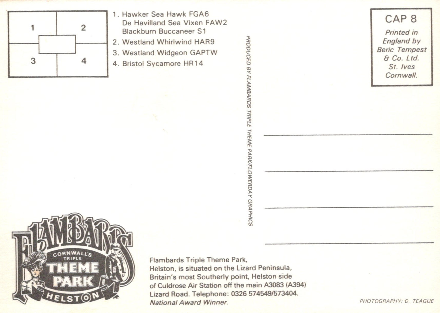 Back of a postcard with Flambards Theme Park Helston branding and contact information.