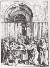 Load image into Gallery viewer, Engraving of a group of people gathered around a table in a room with stone walls and arched doorways.