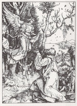 Load image into Gallery viewer, Black and white illustration of an angel and a person in a landscape