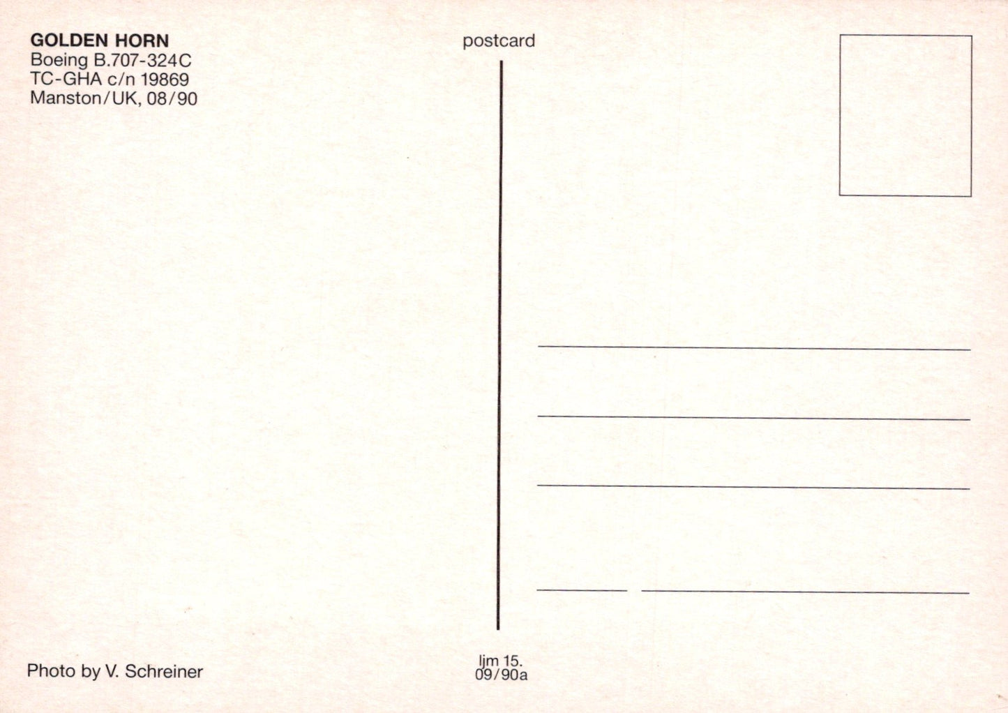 Back of a postcard with text and a line for writing, featuring 'Golden Horn' and 'Boeing B.707-324C'.