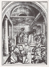 Load image into Gallery viewer, Black and white line drawing of a religious scene with figures around an altar.