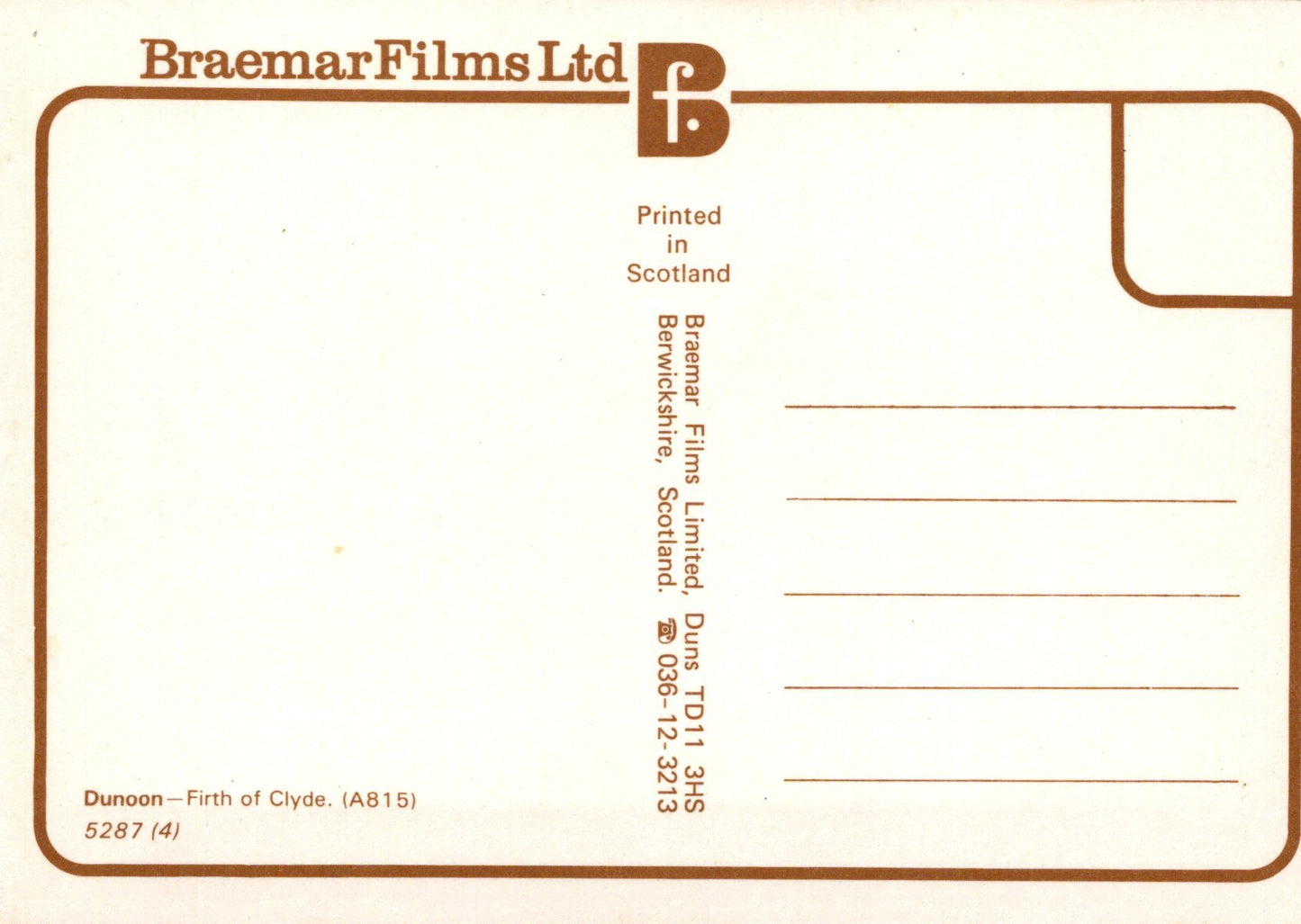 Back of a postcard from Braemar Films Ltd with printed text and contact information.