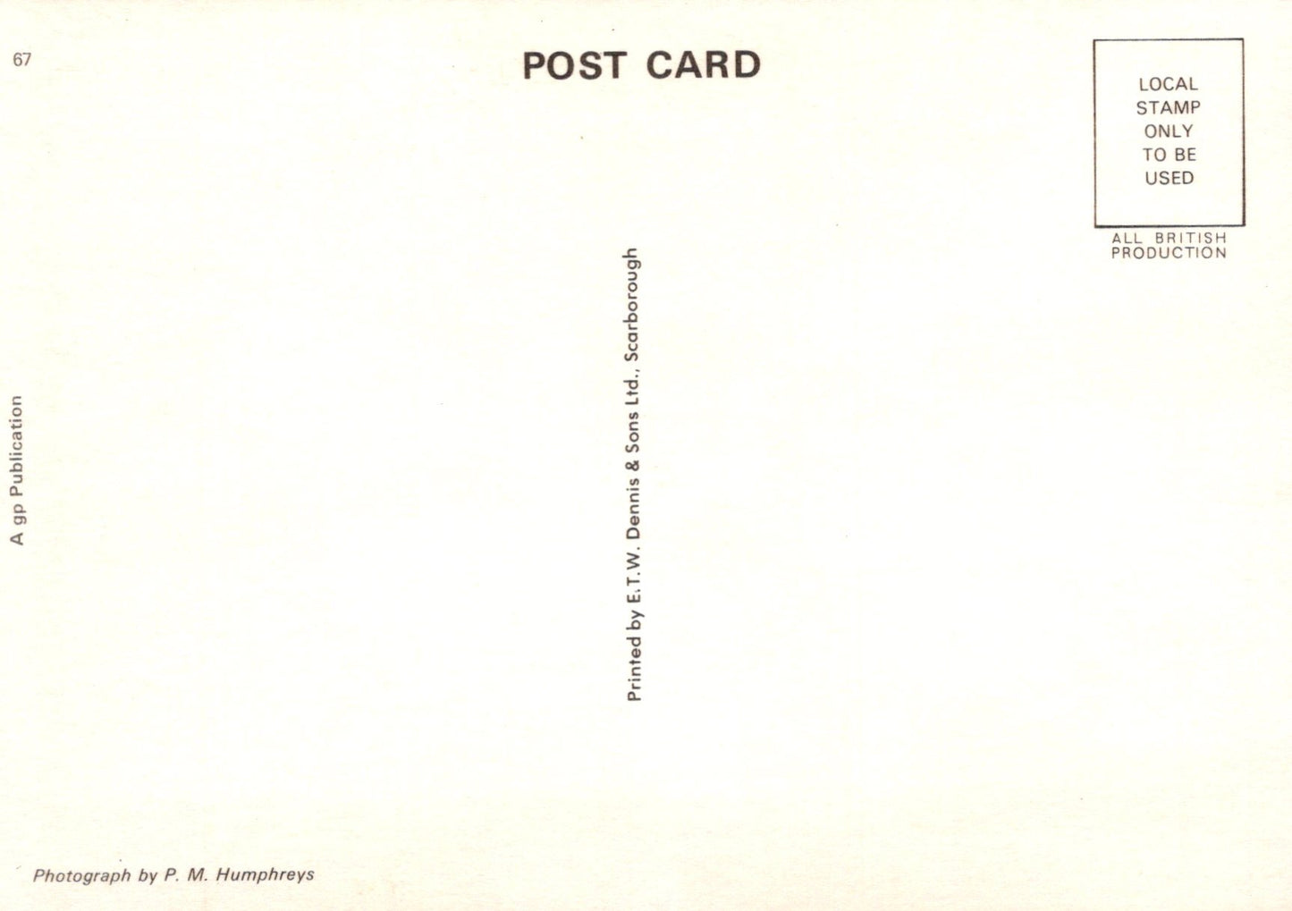 Back of a postcard with text and a small stamp area.
