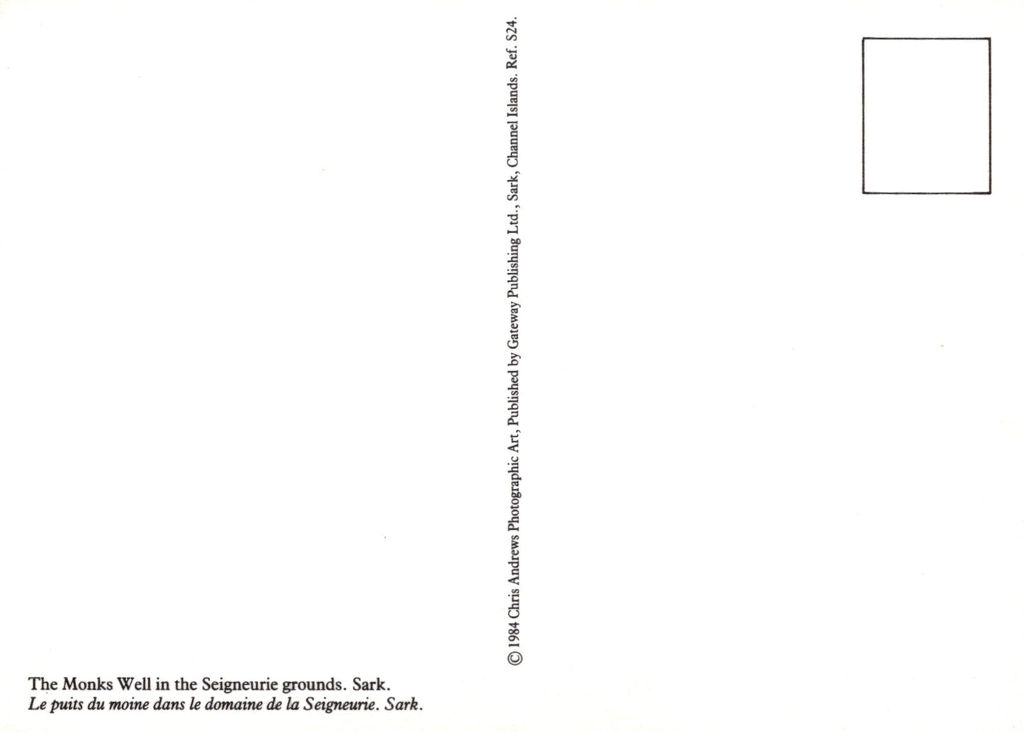 Back of a postcard with text and a small square image placeholder