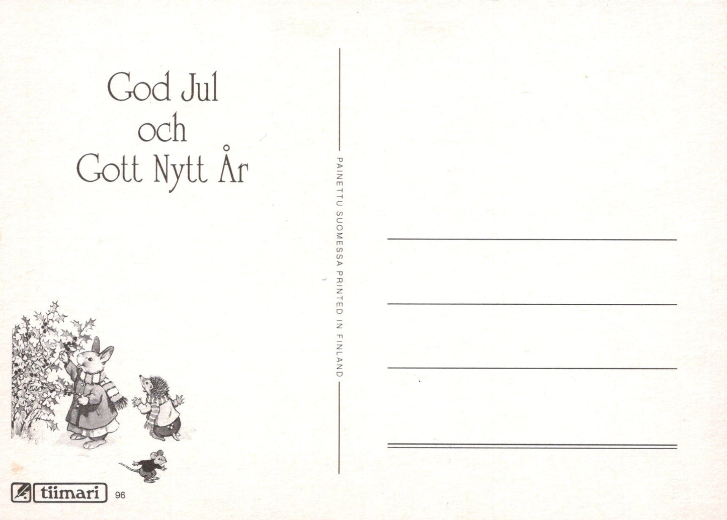 Vintage Christmas card with two cartoon characters and text 'God Jul och Gott Nytt Ar' on a light background.