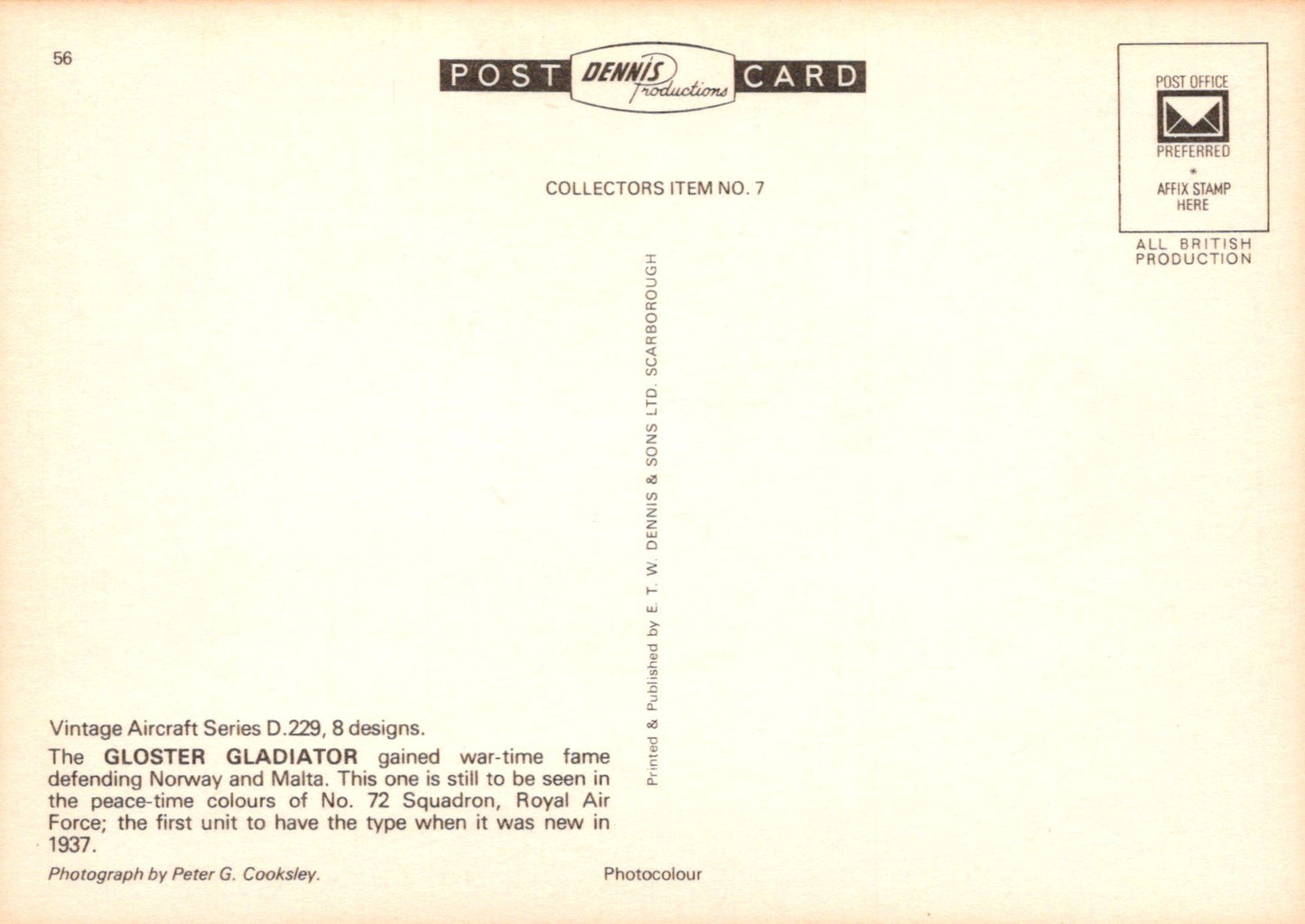 Back of a vintage postcard with text about the Gloster Gladiator aircraft, featuring the Post Dennis Productions logo.