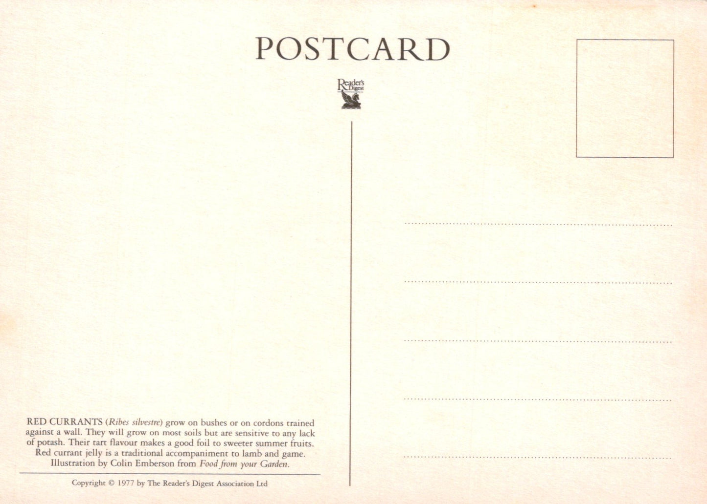 Back of a postcard with text and a logo on a beige background