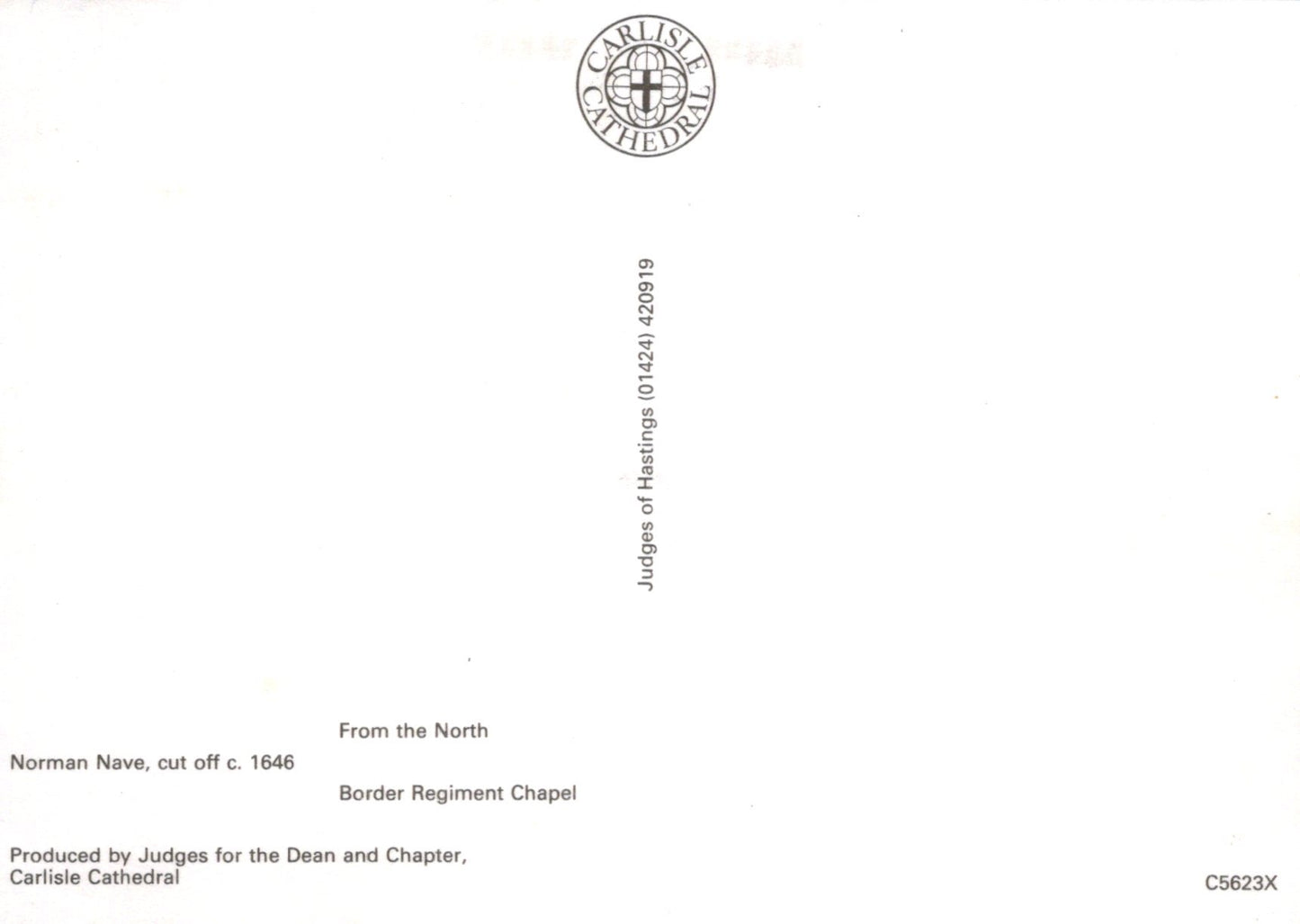 Back of a postcard with text and a logo on a white background