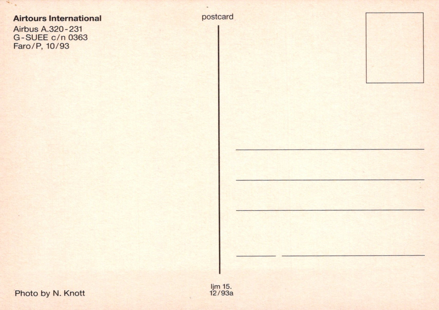 Back of an airplane postcard with text and a blank area for writing.
