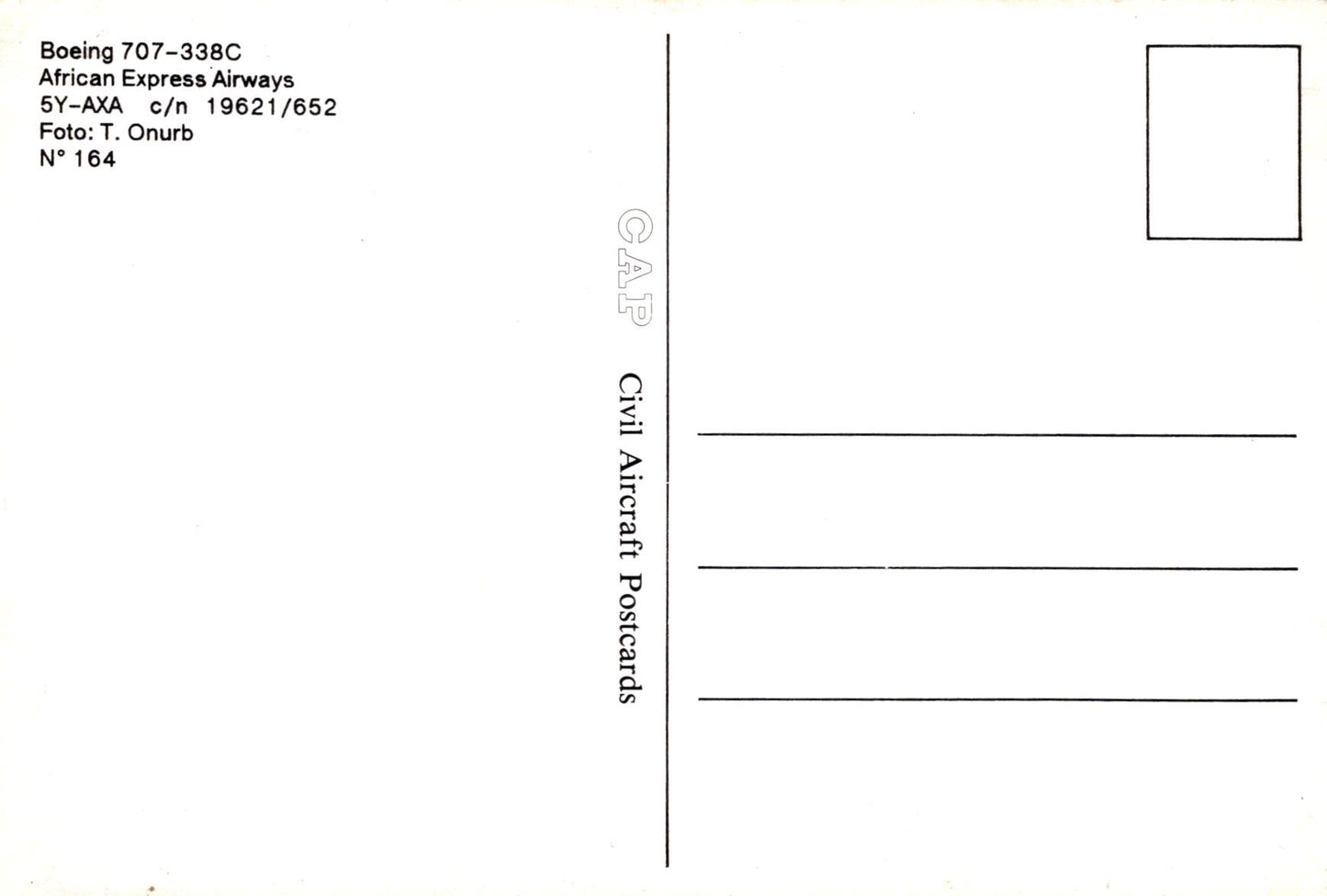 Back of a postcard with text and CAP Civil Aircraft Postcards branding