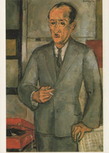 Load image into Gallery viewer, Painting of a man in a suit holding a cigarette, with a red object and white wall in the background.