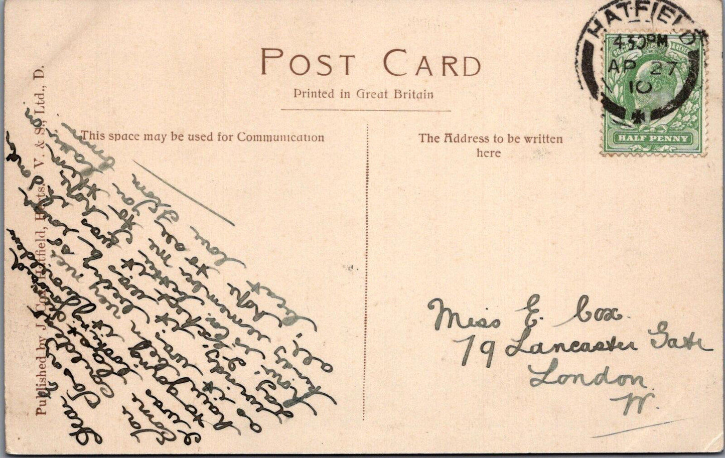 Hertfordshire Postcard: Hatfield London Road, Dray Horse Inn 1910 XT2572